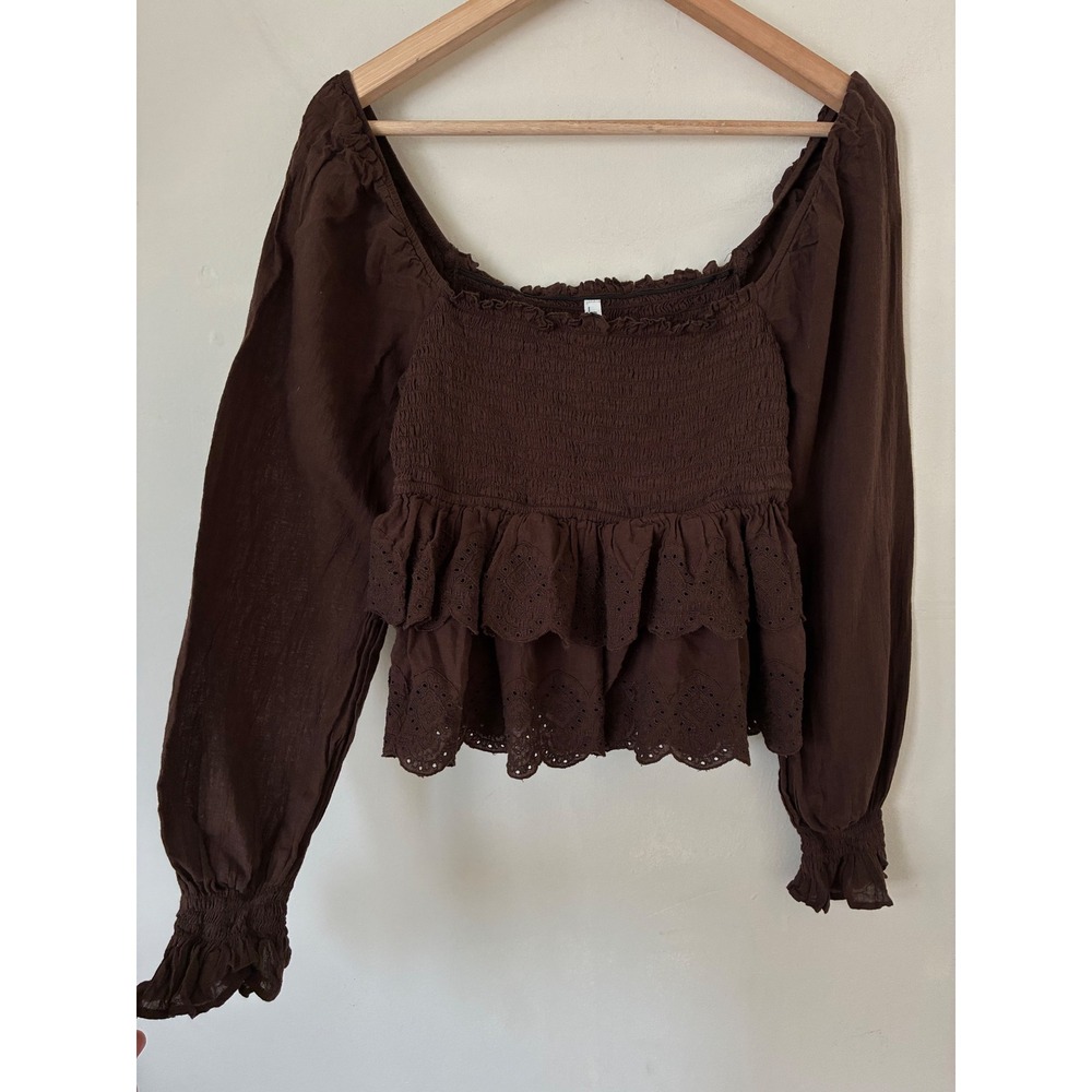 American Eagle Brown Smocked Eyelet Peplum Boho Long Sleeve Top M Trend